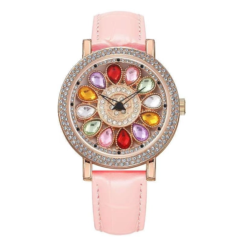 Reloj de Cuarzo para Mujer con Esfera de Flor Giratoria y Strass Elegante Caja de Aleación de Zinc con Gemas de Colores