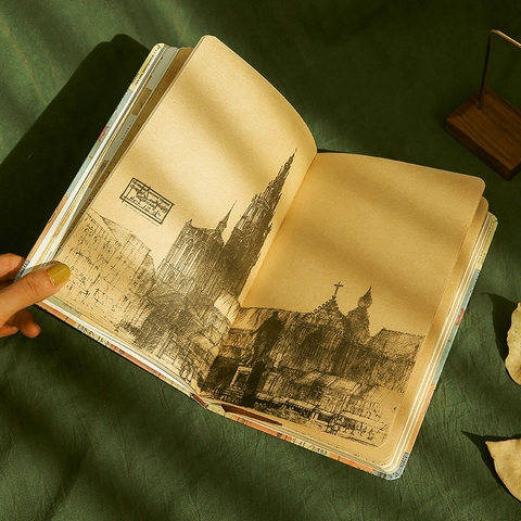 A5 Taccuino Europeo Vintage Pagina a Colori Diario Carta Kraft Illustrazione Retro Diario per Scrittura Viaggio Ufficio Scuola Diario