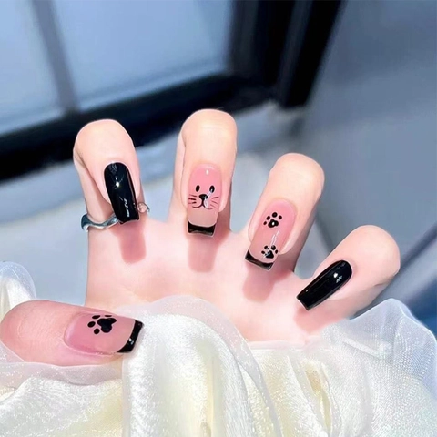 Faux Ongles Rose Noir Patte De Chat Dessin Animé Style Français Long Cercueil Ongles Artificiels Faux Ongles À Presser