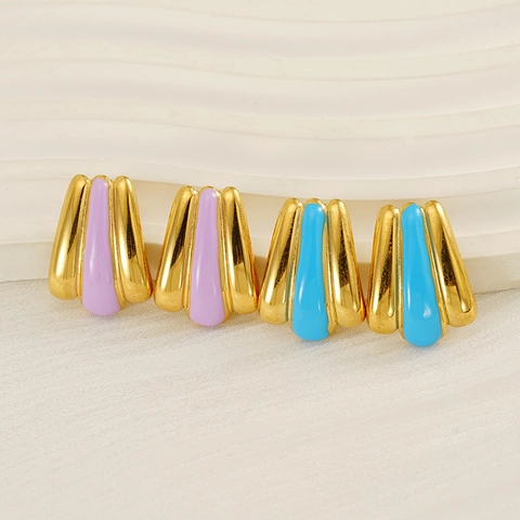 Vintage Ribbed Fan Shaped Stud Earrings 18K Gold Plated 304 Stainless Steel Enamel Geometric Jewelry For Women