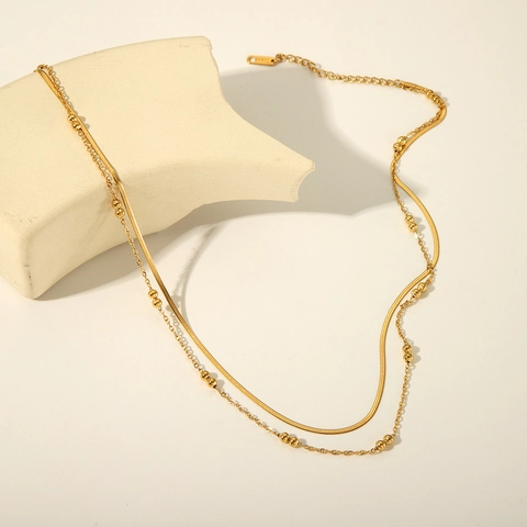 Minimalist Layered Necklace Stainless Steel Gold Plated Snake Chain And Bead Chain Jewelry For Women