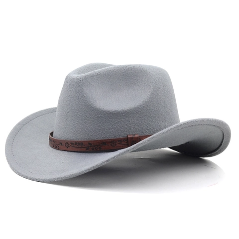 Cappello Da Cowboy Western Classico Feltro Di Poliestere Fedora A Tesa Larga Con Fascia In Pelle Goffrata Floreale Stile Etnico