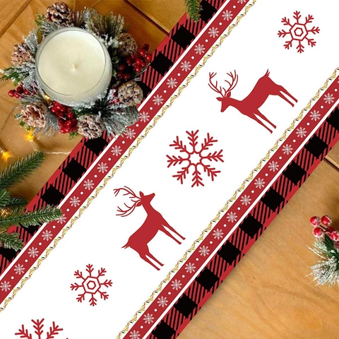 Kerst Tafelloper Rood Zwart Ruitpatroon Polyester Gnome Rendier Sneeuwvlokken Feestelijke Party Decoratie
