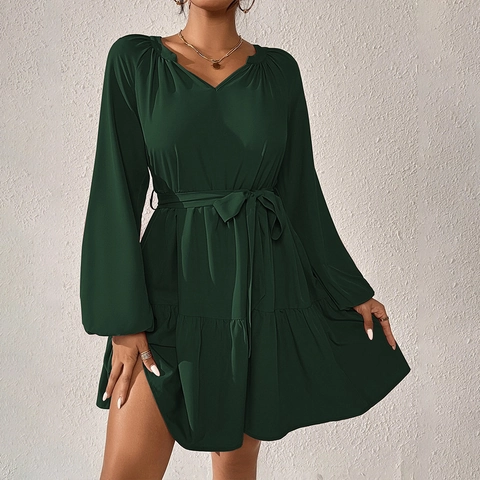 Mini Abito Donna Scollo V Maniche Lunghe Poliestere Cintura Vita Orlo Balze Sovrapposte Tinta Unita Casuale Elegante Moda