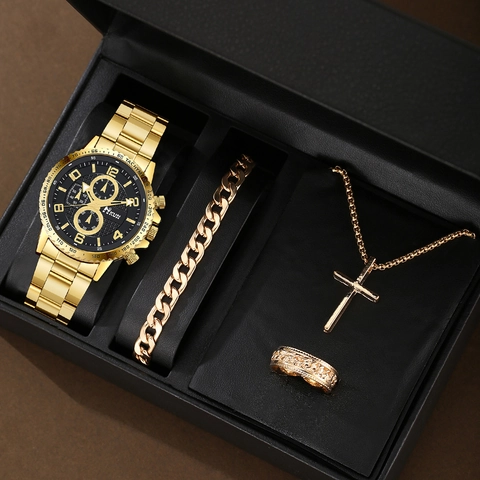 Business Fashion Men Watch Jewelry Collection Stainless Steel Alloy Quartz Watch Cross Pendant Necklace Cuban Bracelet Ring