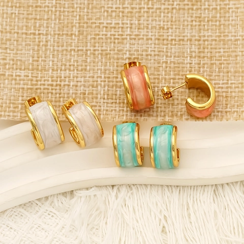 C Shape Hoop Stud Earrings Gold Plated Stainless Steel Enamel Marble Pattern Waterproof Hypoallergenic Jewelry Women