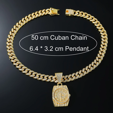 Collana Con Pendente Orologio Hip Hop Iced Out Lega Strass Catena Cubana Gioielli Punk Street Style Uomo