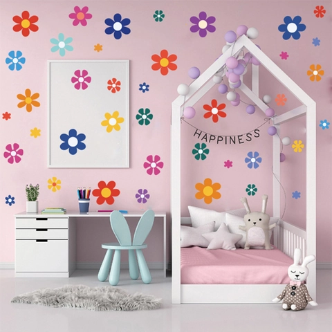 Autocollants Muraux Fleurs Colorées PVC Auto-Adhésif Tournesol Rétro Décor Pour Chambre Enfant Crèche Maison