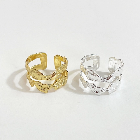 925 Sterling Silver Ring Women Irregular Wrinkle Texture Double Layer Adjustable Open Finger Band 18K Gold Plated Ins