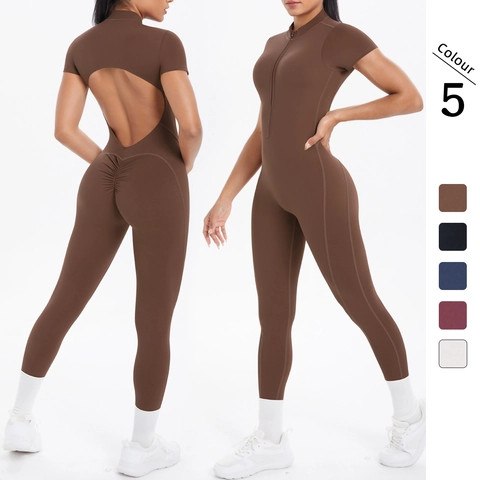 Damen Yoga Overall Rückenfrei Scrunch Butt Kurzarm Reißverschluss Sport Einteiler Fitness Body Nylon Spandex