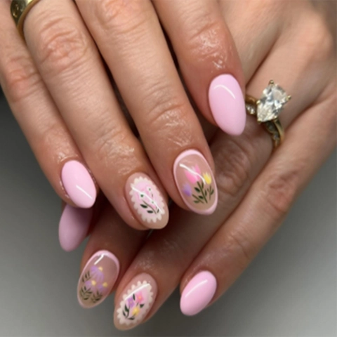 Press On Nagels Bloemen Roze Handgeschilderde Tulp Zoete Frisse Stijl Kunstmatige Valse Nagels Voor Vrouwen