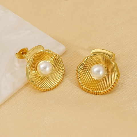 Orecchini A Lobo Con Conchiglia E Perla Artificial Acciaio Inossidabile Placcato Oro 18K Texture A Coste Per Donna Gioielli Da Spiaggia