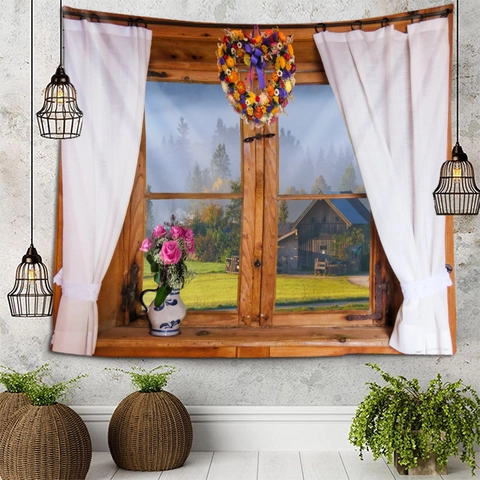Tapiz Con Vista De Ventana 3D Paisaje De Naturaleza Cascada Colgante De Pared Tela De Poliéster Estética Para Dormitorio