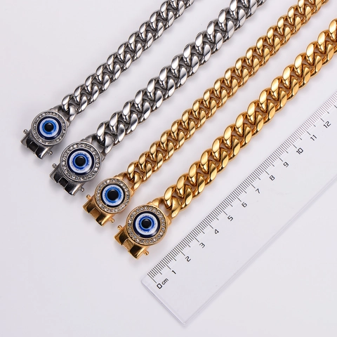 Collana con Pendente Malocchio in Acciaio Inossidabile Uomo Oro Argento Galvanizzato Catena Maglia Cubana Bracciale Hip Hop Gioielli Strass