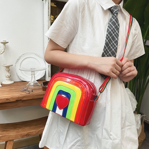 Borsa A Tracolla A Righe Arcobaleno Per Donne Ragazze Pelle PU Lucida Decorazione A Cuore Tracolla In Tessuto Regolabile Casual