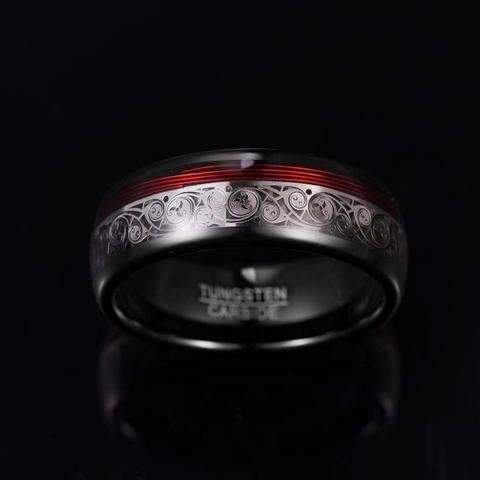 Men's Black Tungsten Carbide Ring Red Guitar String Inlay Celtic Spiral Pattern Polished Band Fashion Jewelry Gift