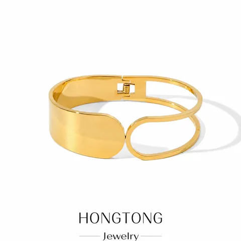 Minimalistischer Edelstahl Armreif Breites Geometrisches Hohles Design Federverschluss Büro Mode Schmuck Für Damen