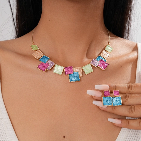 Geometric Square Necklace And Earrings Alloy Colorful Enamel Ethnic Retro Jewelry For Women