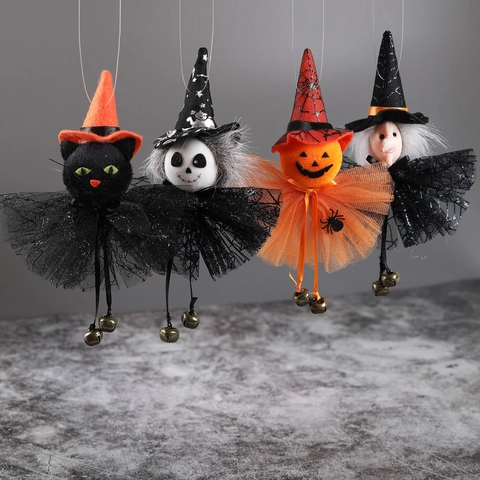 Halloween Hängende Ornamente Stoff Tüll Hexe Geist Kürbis Schwarze Katze Puppen Mit Kleinen Glocken Party Deko