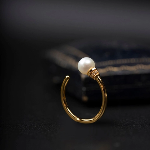 Anello Aperto in Argento Sterling 925 Placcato Oro con Perla Artificiale Elegante Anello Regolabile con Strass Gioielli Vintage da Donna