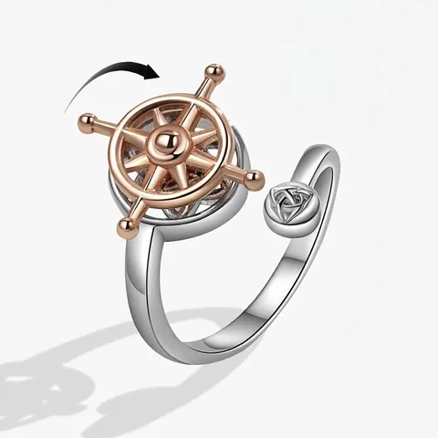 Nautische Scheepswiel Draaiende Ring Angstverlichting Decompressie Sieraden Verstelbare Tweekleurige Koperen Strass Ring Voor Heren Dames