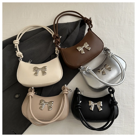 Trendy PU Leather Underarm Bag With Silver Bow Decoration And Knotted Strap For Women Retro Style Versatile