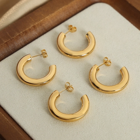 French Style Gold Plated Titanium Steel C Shape Hoop Earrings Minimalist Chunky Polished Bold Modern Jewelry For Women