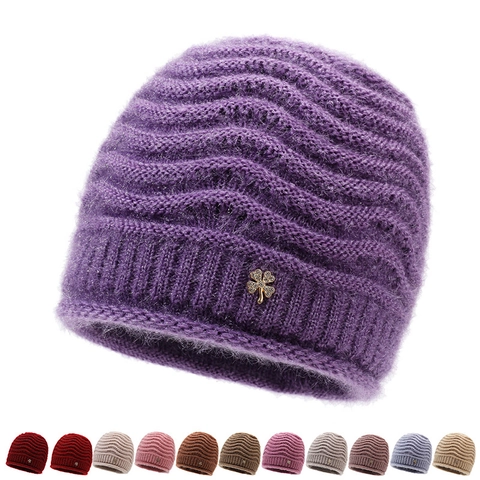 Women Winter Beanie Hat Fuzzy Knitted Mohair Warm Cute Cat Ears Cap With Rhinestone Clover Decor Outdoor