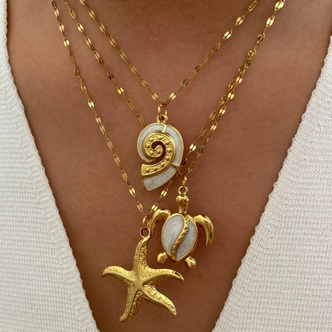 Ocean Series Necklace 316L Stainless Steel 18K Gold Plated Enamel Starfish Turtle Conch Pendant Summer Beach Jewelry Women