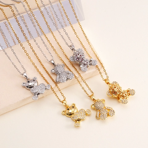 Collar Con Colgante de Oso de Cobre y Circonia de Lujo Para Mujer Forma de Corazón Diseño Hueco Joyería de Animales Brillantes