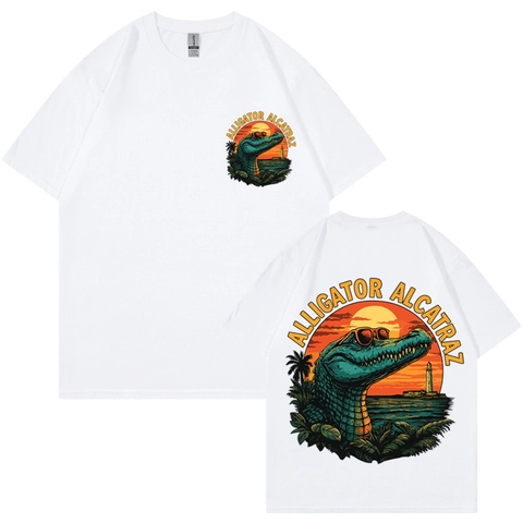 Alligator Alcatraz Print Cotton T-Shirt Vintage Casual Short Sleeve Crew Neck Top For Men Women