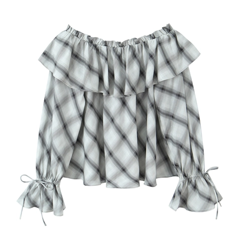 Blusa Con Hombros Descubiertos A Cuadros Poliéster Escote Con Volantes Manga Larga Puños Con Lazo Gris Blanco Negro Top Mujer