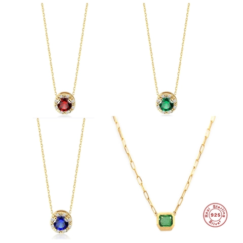 Collana Con Pendente In Argento Sterling 925 Placcato Oro Con Zirconi Colorati Halo Tondo Pietra Rettangolare Gioielli Per Catena Da Clavicola Per Donna