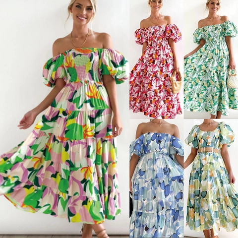 Vestido Maxi Bohemio Estampado para Mujer Hombros Descubiertos Sexy Manga Abullonada Cintura Fruncida Playa Vacaciones Escalonado