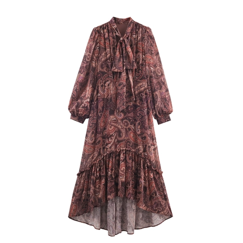 Abito Lungo In Chiffon Stampa Paisley Maniche Lunghe Collo Con Fiocco Orlo Irregolare Con Volant Stile Boho Vacanza