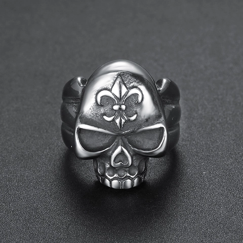 Totenkopf Ring Edelstahl Fleur De Lis Graviert Gothic Punk Vintage Heavy Metal Schmuck Für Herren Damen