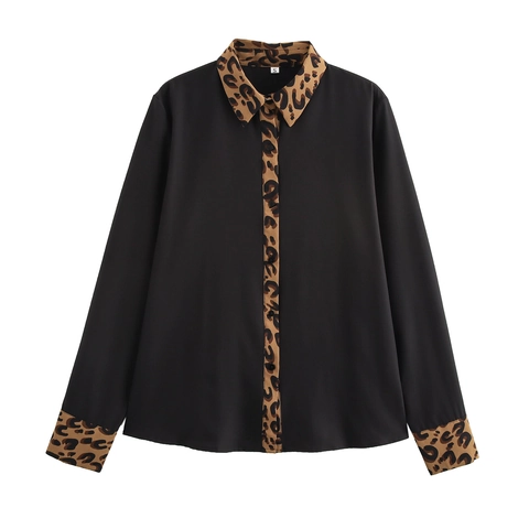 Women Long Sleeve Blouse Leopard Print Patchwork Contrast Color Lapel Collar Retro Loose Fit Polyester Shirt