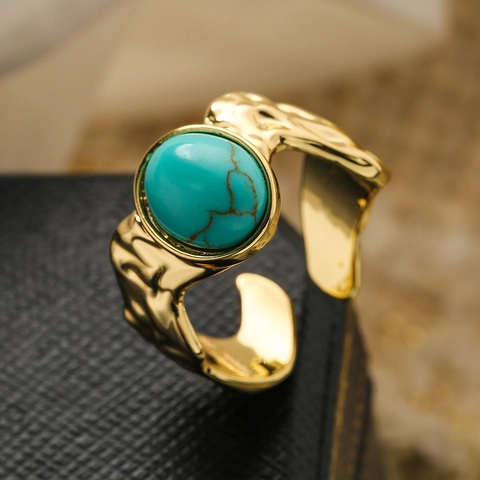 Adjustable Open Ring Copper 18K Gold Plated Vintage Turquoise Inlaid Hammered Geometric Finger Jewelry For Women