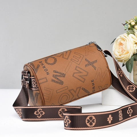Fashion Women Cylinder Boston Bag PU Leather Letter Print Crossbody Shoulder Purse Wide Strap Casual Travel