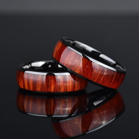 Herren Ring Edelstahl Mit Holzmaserung Einlage Vintage Retro Personalisiertes Gewölbtes Band Schmuck Für Jungen Unisex