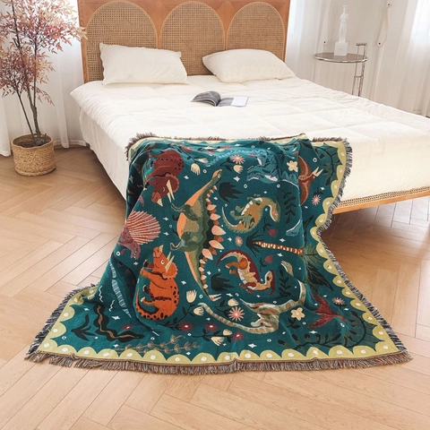 Dinosaur Woven Throw Blanket Cotton Jacquard Tapestry With Fringed Edges For Sofa Bed Picnic Camping Decor