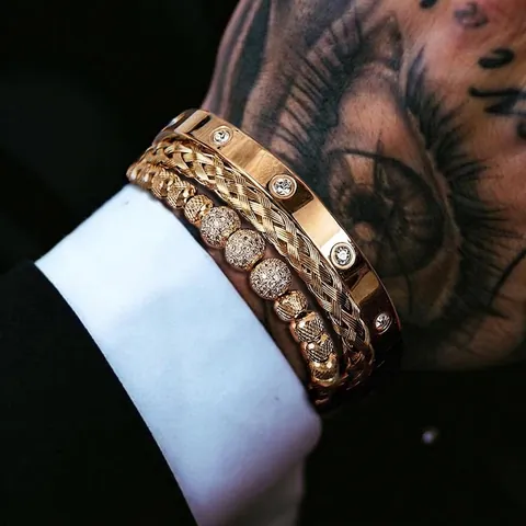 Bracciali Uomo Lusso Acciaio Inossidabile Rame Zirconia Cubica Pavé Sfera Intrecciata Numeri Romani Gioielli Moda