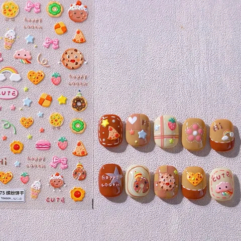 Autocollants Ongles Relief 3D Auto-Adhésifs Motif Cookie Dessert Dessin Animé Décalcomanies Manucure Décoration DIY Pour Femmes
