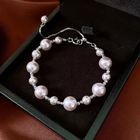 Elegant Adjustable Artificial Pearl Beaded Bracelet For Women With Copper Rhinestone Accents Luxury Fashion Jewelry