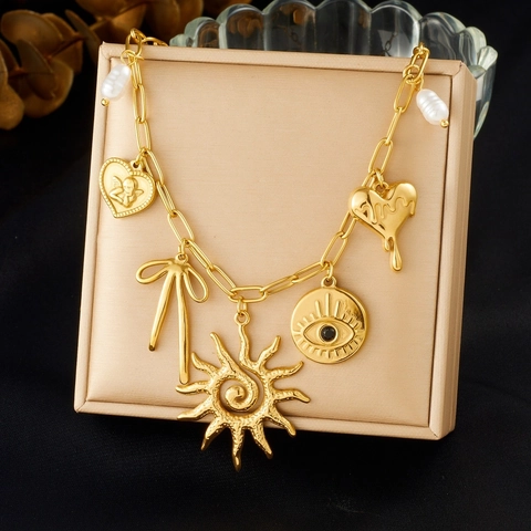 Collar De Acero Inoxidable Chapado En Oro Con Colgantes De Perlas Artificiales Artificiales Sol Corazón Ojo Turco Lazo Para Mujer