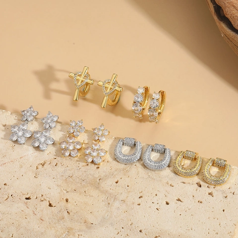 Pendientes De Cobre Con Circones Vintage Flor Cruz Corazón Forma U Joyería De Moda Elegante Para Mujeres