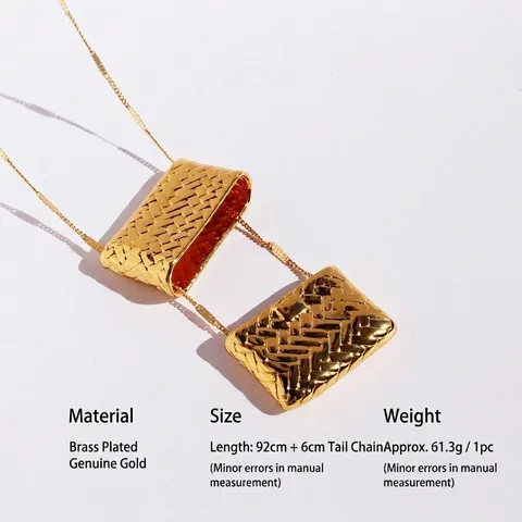 Unique Mini Bag Pendant Long Necklace Real Gold Plated Brass Woven Texture Luxury Retro Sweater Chain For Women