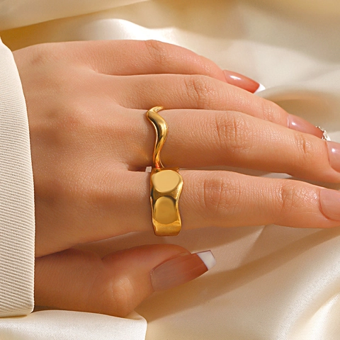 Irregular Wave Molten Metal Rings Stainless Steel Open Adjustable Geometric Fashion Jewelry For Women