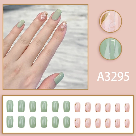 Press On Nails Mint Green Pink Floral Gold Foil Pattern Short Square Plastic Artificial Nails Glossy Manicure Women