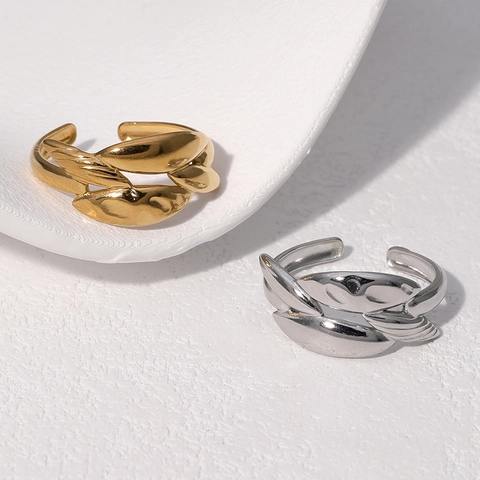 Edelstahl Ring 18K Vergoldet Verstellbar Offen Minimalistisch Überlappendes Blatt Geometrisches Design Schmuck Damen